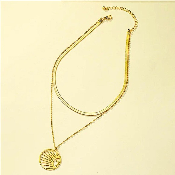 Gold Plated Sun Necklace, Herringbone, Hollow Out, Boho, Multilayer - Picture 3 of 6